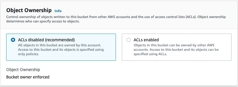 Options for selecting S3 object ownership settings in AWS Console